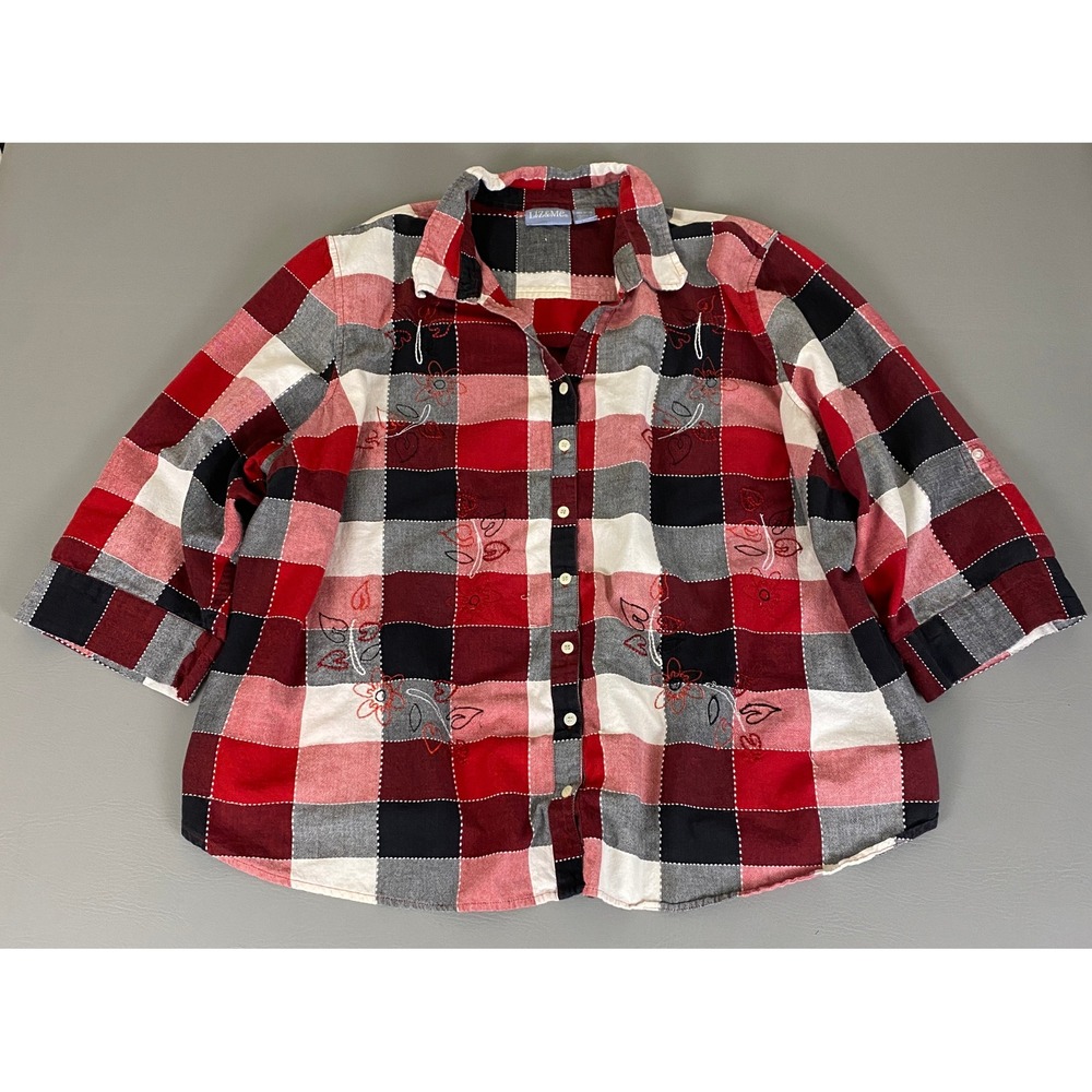 Liz&Me Shirt Button Up Top Plus Size 4X Red Floral Plaid 3/4 Sleeve Embroidered*
